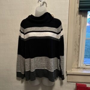Liz Claiborne 1X Turtleneck Sweater Pullover Black White Grey Striped Warm